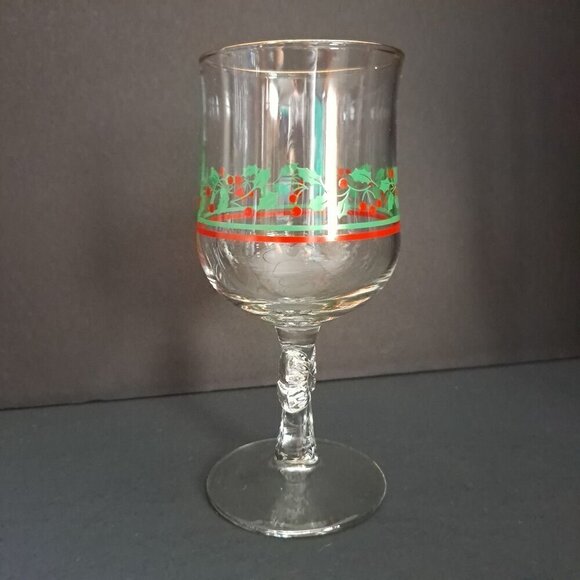 Vintage Holiday Glass Goblet Holly & Berry Design Gold Rim - Picture 4 of 11